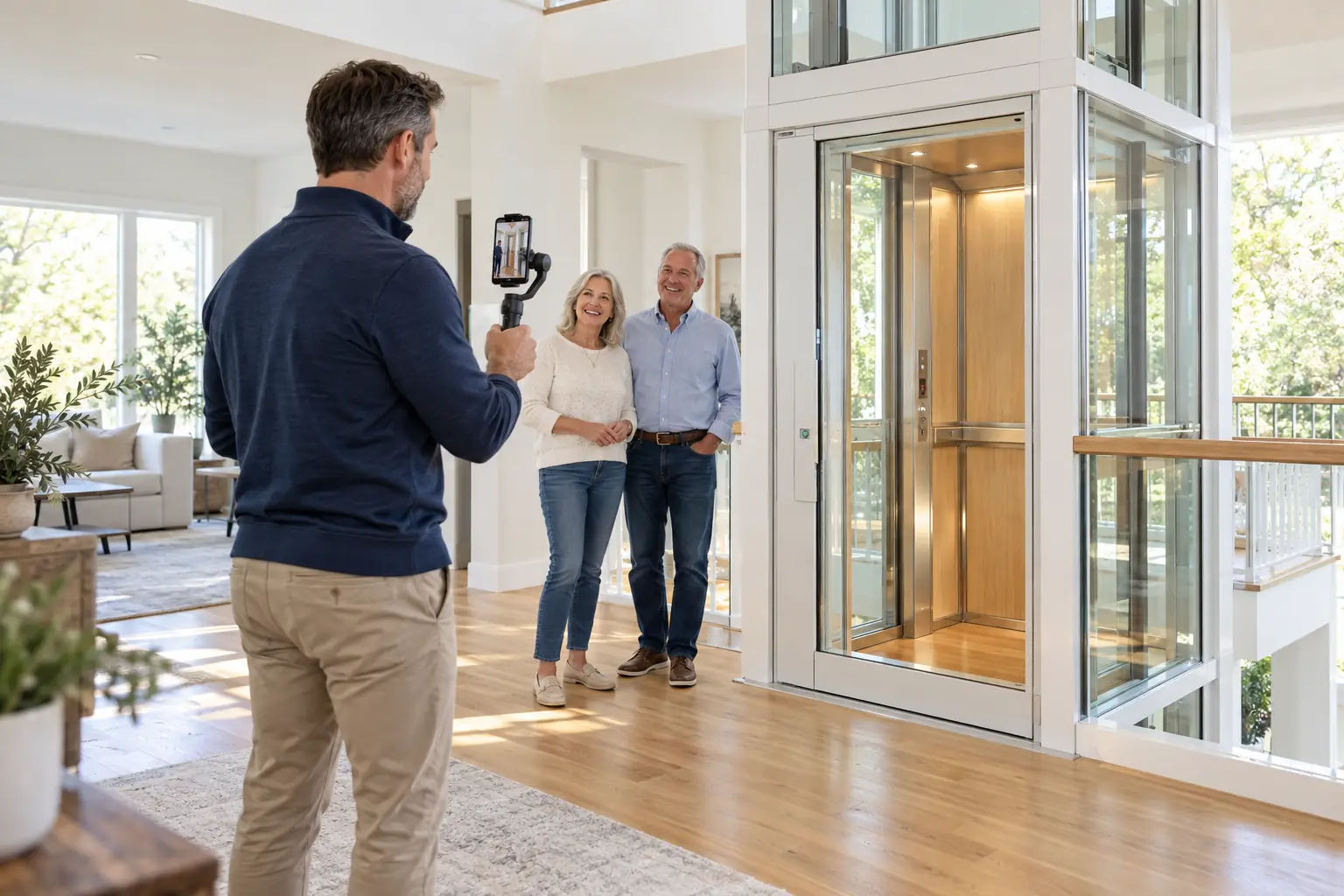 Dealer films a homeowner couple beside their new home elevator with a phone on a gimbal.