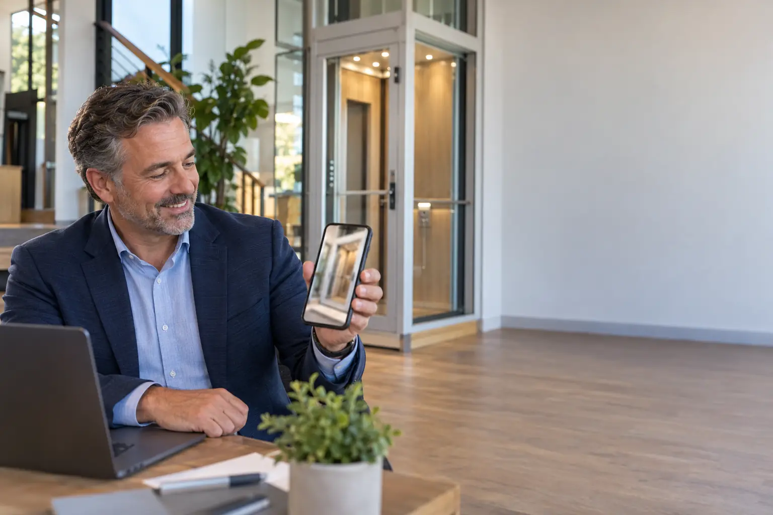Dealership owner holds a phone showing an elevator image in a showroom office.