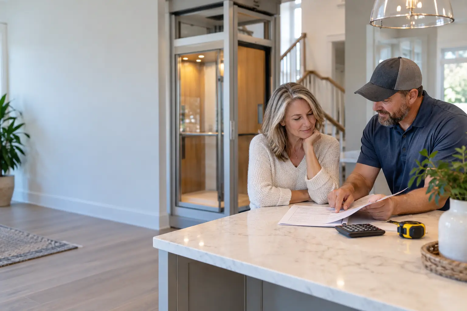 Homeowner and installer review paperwork at a kitchen island.