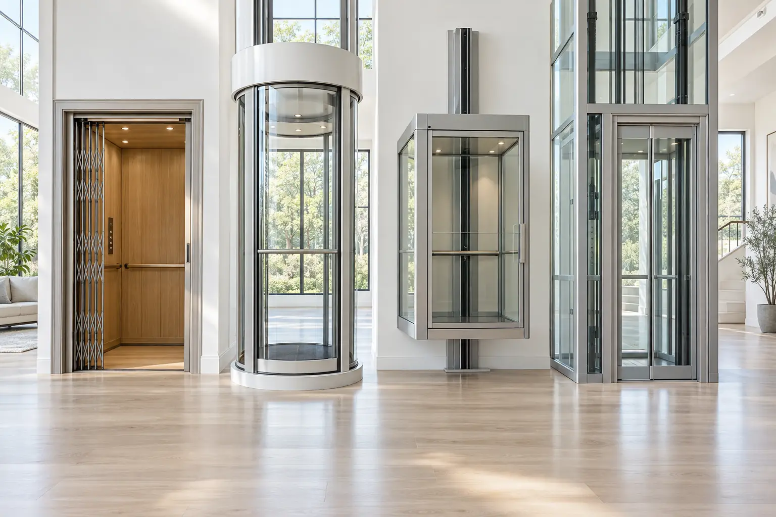 Four residential elevator types side by side in a bright white showroom.