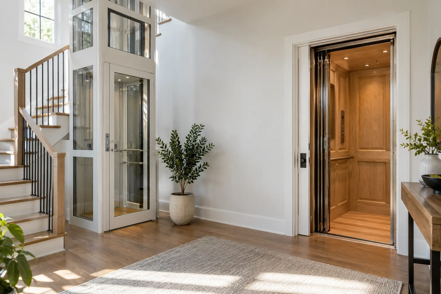 Glass and oak home elevators beside a staircase in a bright interior.
