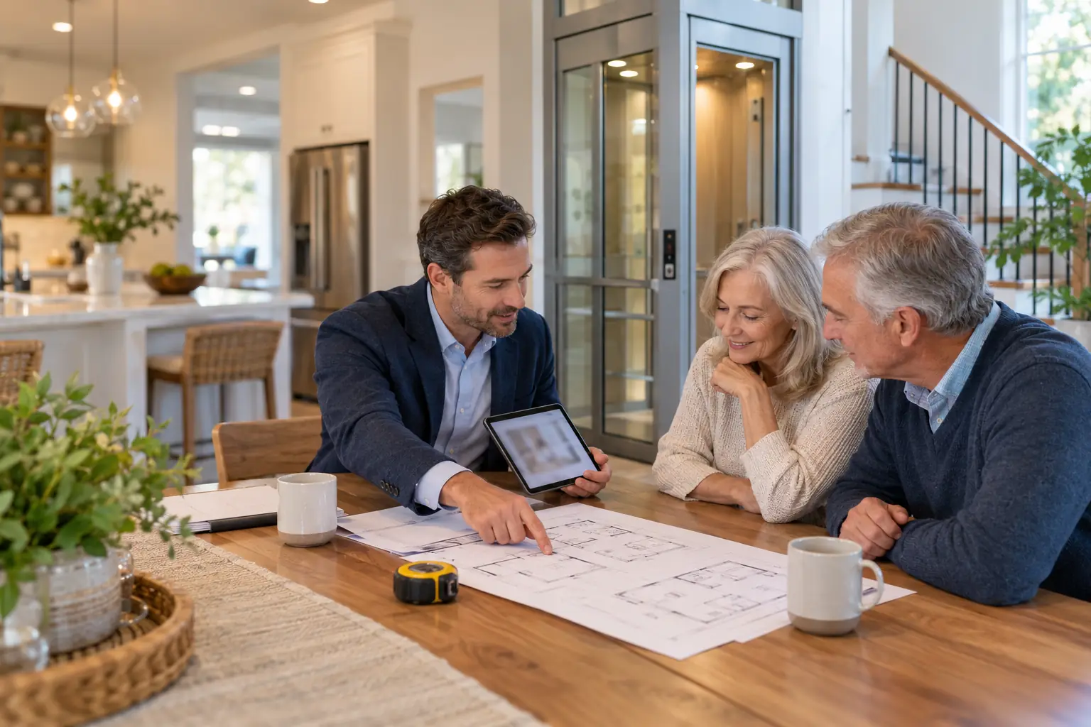 Consultant reviews a floor plan with a homeowner couple at their kitchen table.