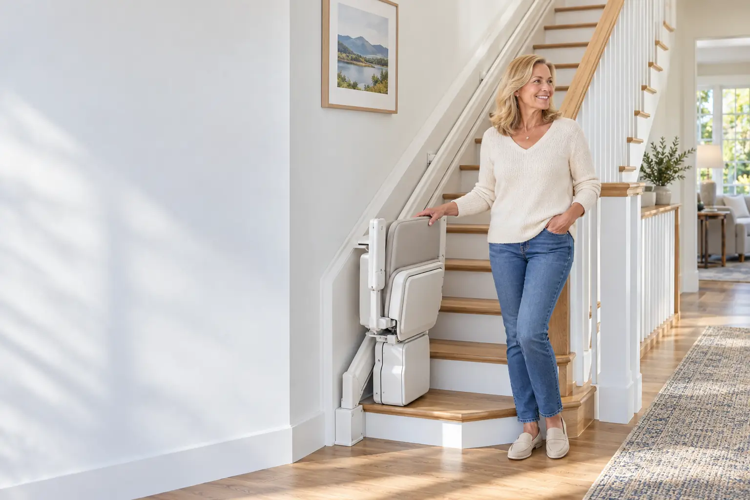 Woman stands beside a slim modern stair lift on an oak staircase in a bright home.